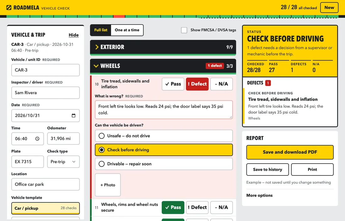 Desktop view of the car example: vehicle details on the left, the checklist in the middle, and a status panel reading Check before driving on the right.
