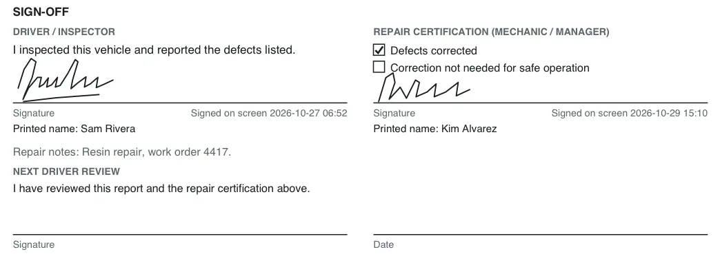 Sign-off section of a sample PDF report with specimen driver and mechanic signatures, signing times and printed names.