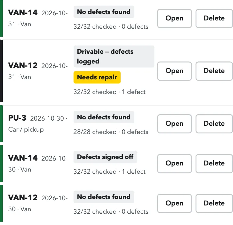 History list with five saved reports, one marked Needs repair.
