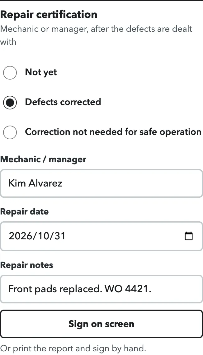 Repair certification section with Defects corrected selected, a mechanic name, repair date and notes, and a sign button.
