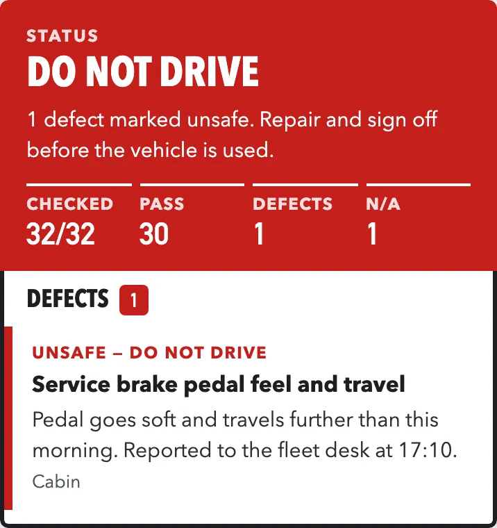 Red status card reading Do not drive, with one service brake defect listed.