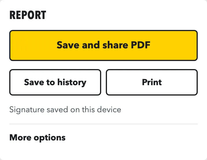 Report panel with a Save and share PDF button, plus Save to history and Print buttons.