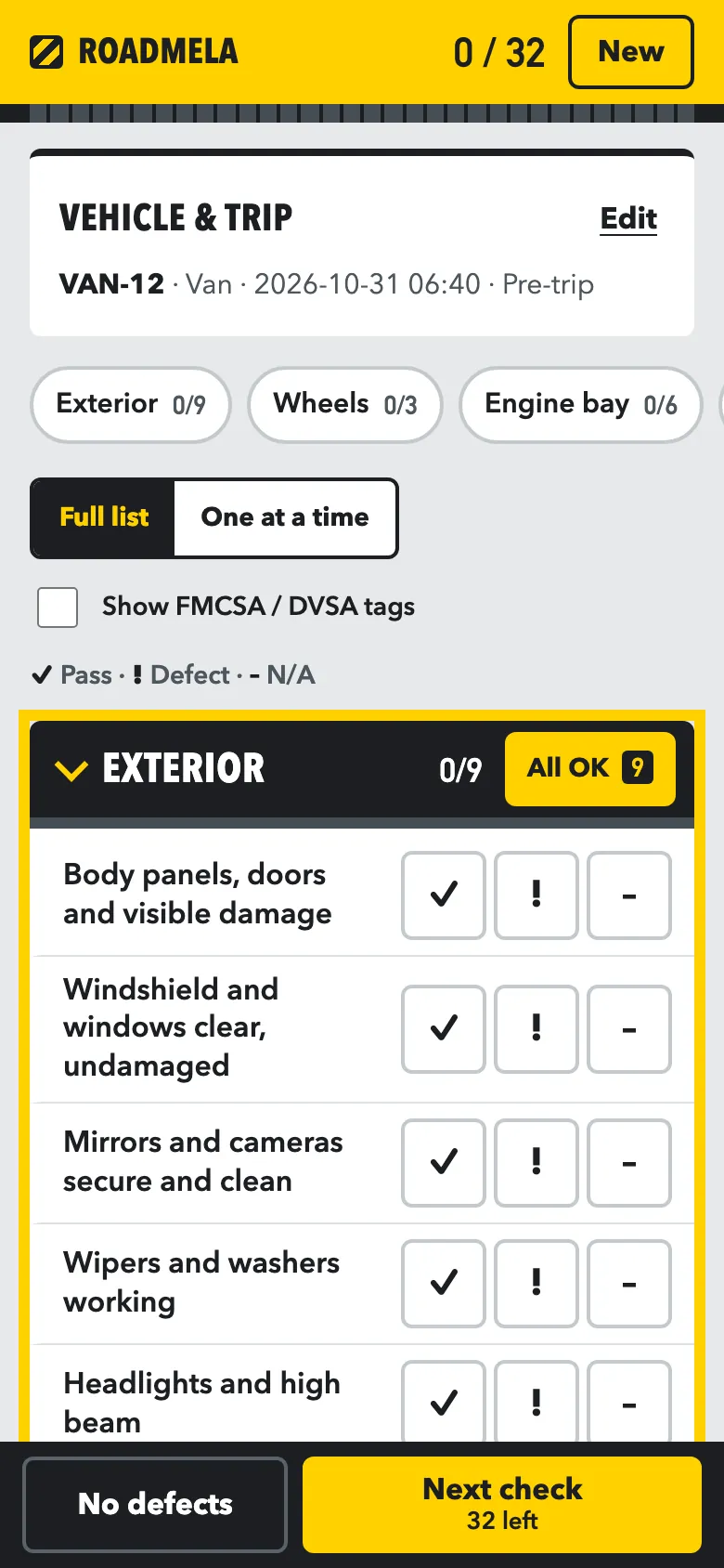 Phone screen showing the Exterior section with Pass, Defect and N/A buttons beside each check, and a Next check button at the bottom.