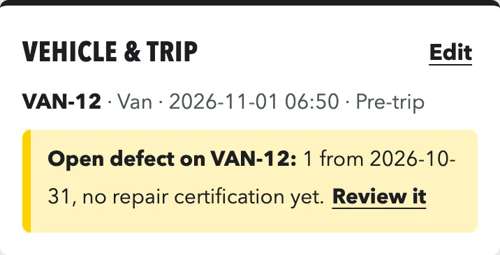 Vehicle details card with a yellow notice: open defect on VAN-12, one from 2026-10-31, no repair certification yet, and a Review it link.