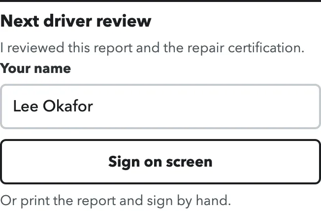 Next driver review section with a name field and a Sign on screen button.