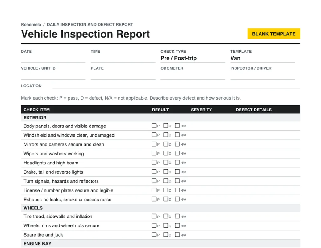 Top of the blank van form: fields for date, vehicle, plate and odometer, then checks with P, D and N/A tick boxes and a column for defect details.