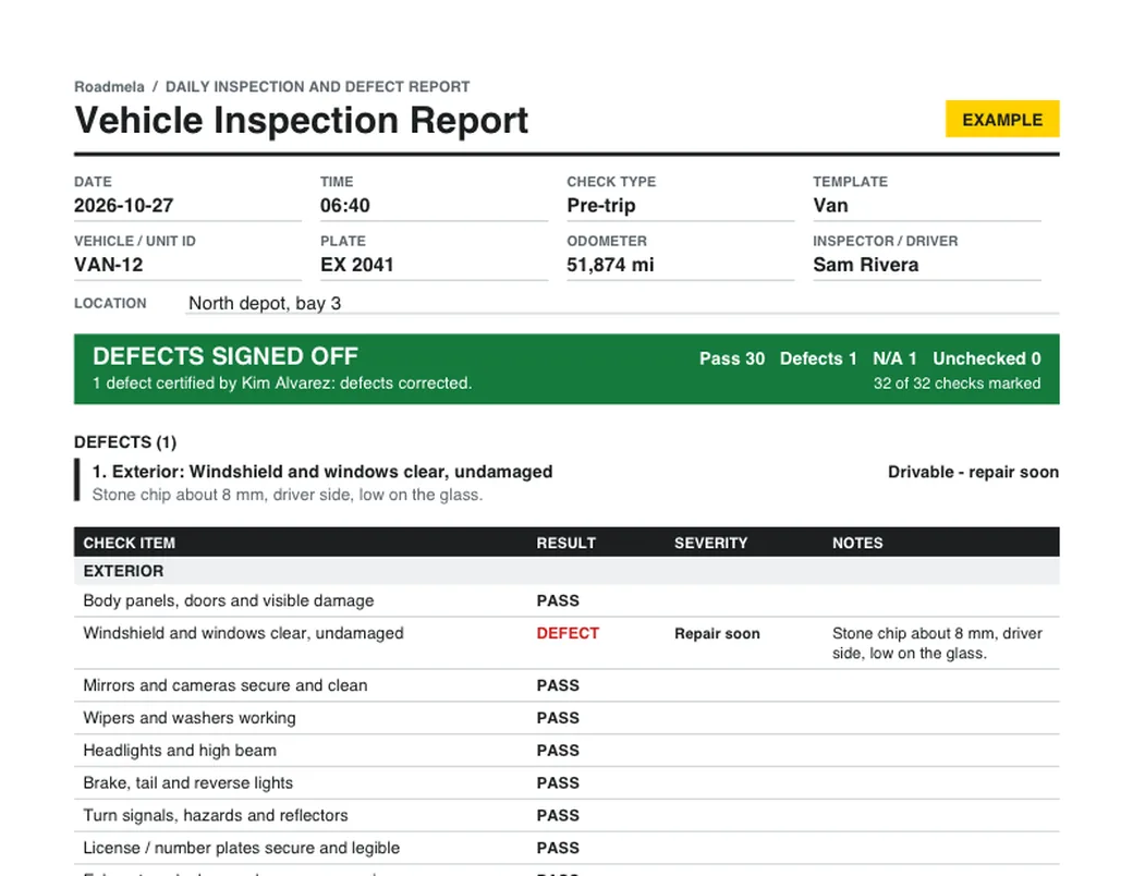 First page of a sample Roadmela report: vehicle details, a status bar, the defect listed first, then every check with its result.